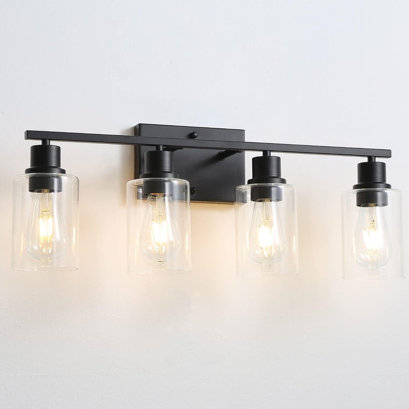 EMONG 4 Light Bathroom Vanity Light 23.6in Matte Black Bathroom Light Fixtures with Glass Shade Modern Wall Sconces Lighting for Bathroom Mirror Farmhouse Hallway - Image 1